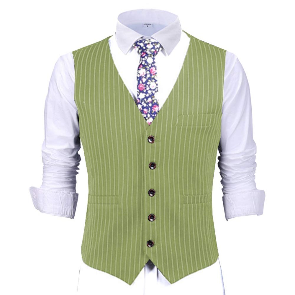 Mens Pinstripes Vest Slim Fit Classic Stripes Vest Wedding Groomsmen Waistcoat XL,Lime Green