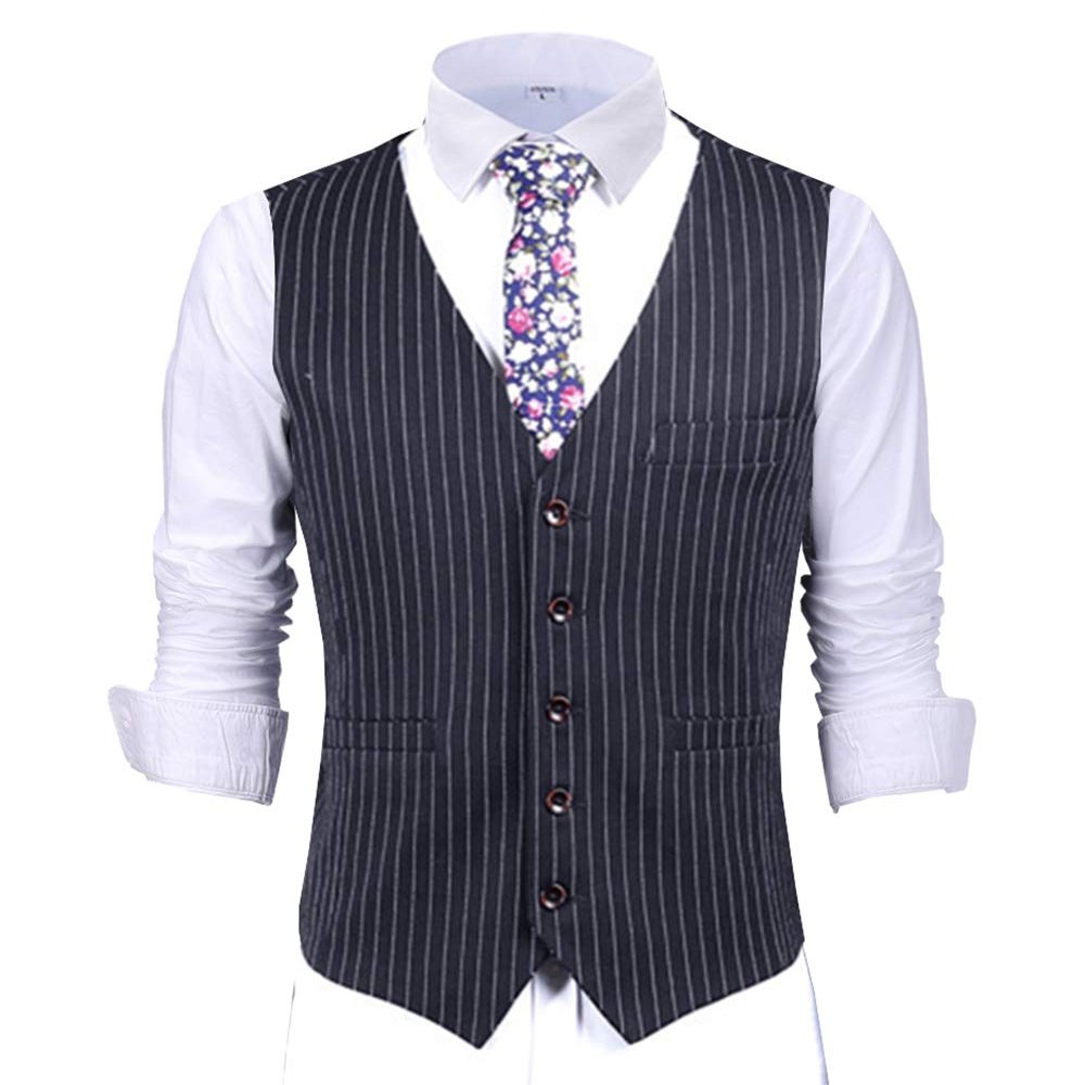 Mens Pinstripes Vest Slim Fit Classic Stripes Vest Wedding Groomsmen Waistcoat XXL,Navy