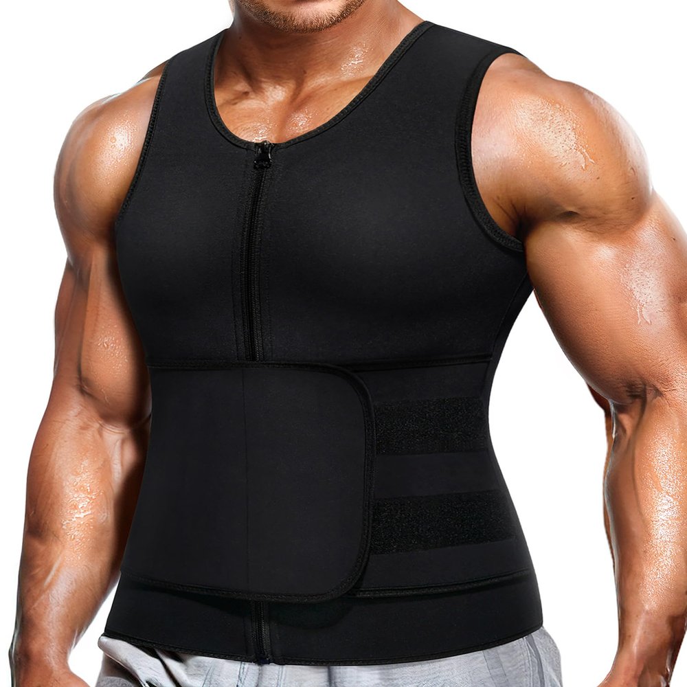 Wonderience Neoprene Sauna Suit for Men Waist Trainer Vest Zipper Body Shaper with Adjustable Belt Tank Top (Black, X-Large)