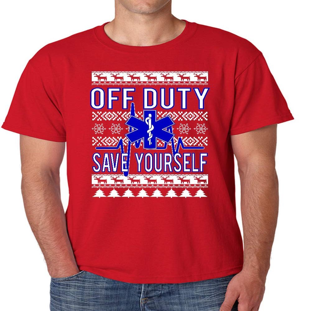 ALLNTRENDS Xmas EMT Off Duty Save Yourself Men's T Shirt EMT Christmas (3XL, Red)