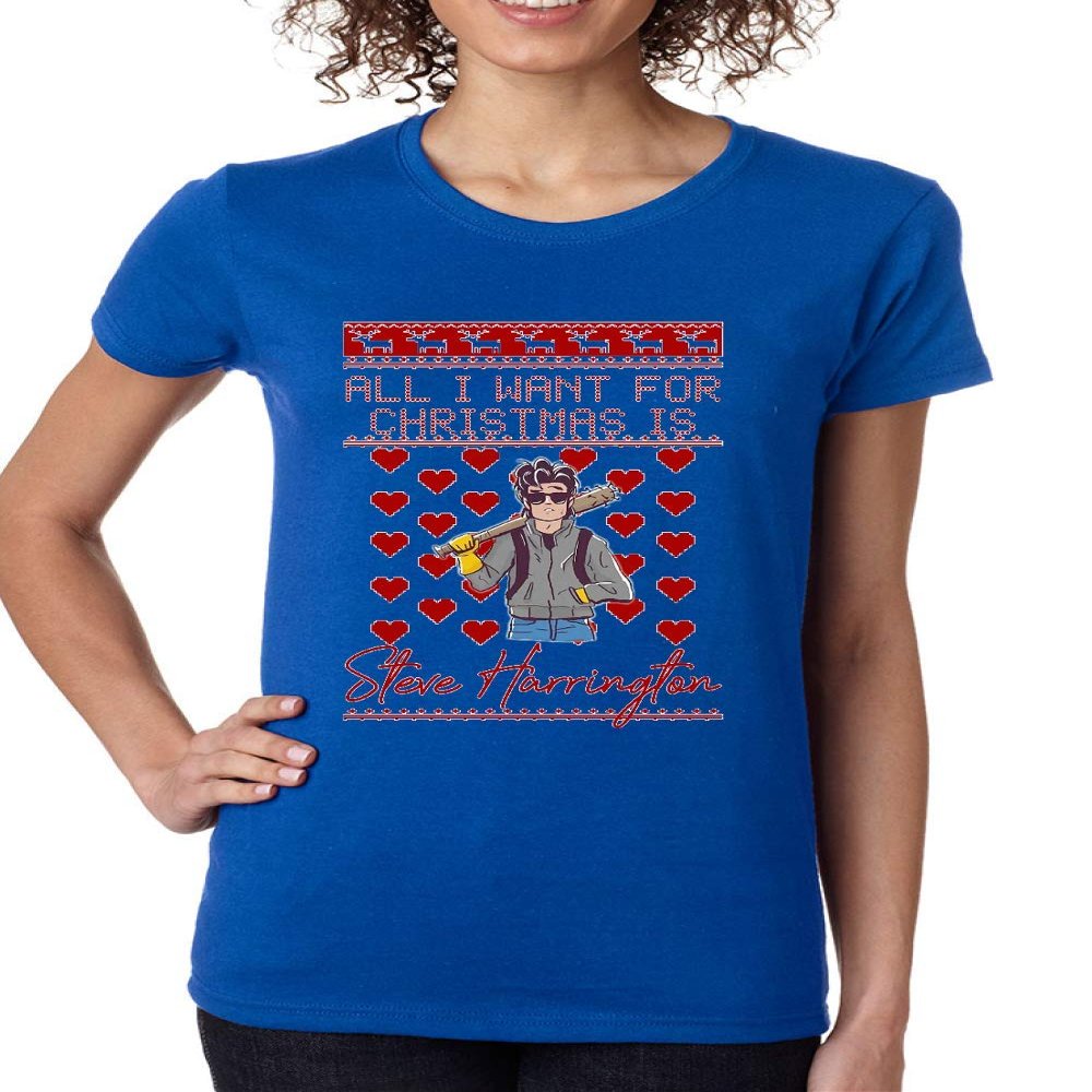 ALLNTRENDS All I Want for Christmas is Steve Stranger Xmas Women's T Shirt (XL, Royal Blue)