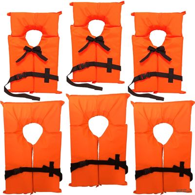 6 Pack Coast Guard Approved Life Jackets. High Visibility Color Type II Keyhole Life Vest in Classic May West Style. Compliance Flotation Device 3 Adult and 3 Youth Neon Orange