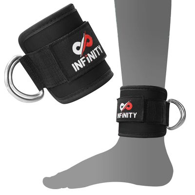 Infinity Sports USA Ankle D Ring Gym Cable Attachment Cuff Weightlifting Adjustable Strap Wrist Neoprene Pulley Double Straps Fitness Multi Leg Cuffs Lifting (Black Ankle Strap, One Size)