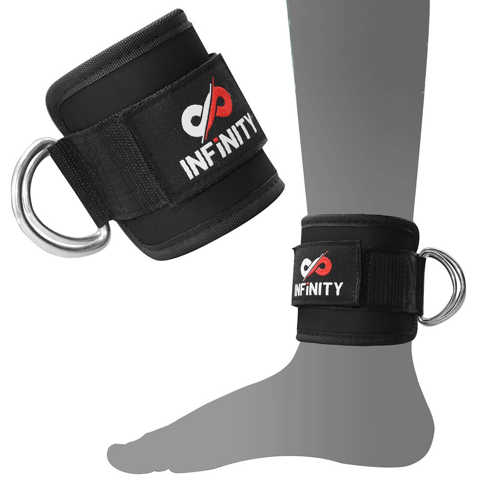 Infinity Sports USA Ankle D Ring Gym Cable Attachment Cuff Weightlifting Adjustable Strap Wrist Neoprene Pulley Double Straps Fitness Multi Leg Cuffs Lifting (Black Ankle Strap, One Size)