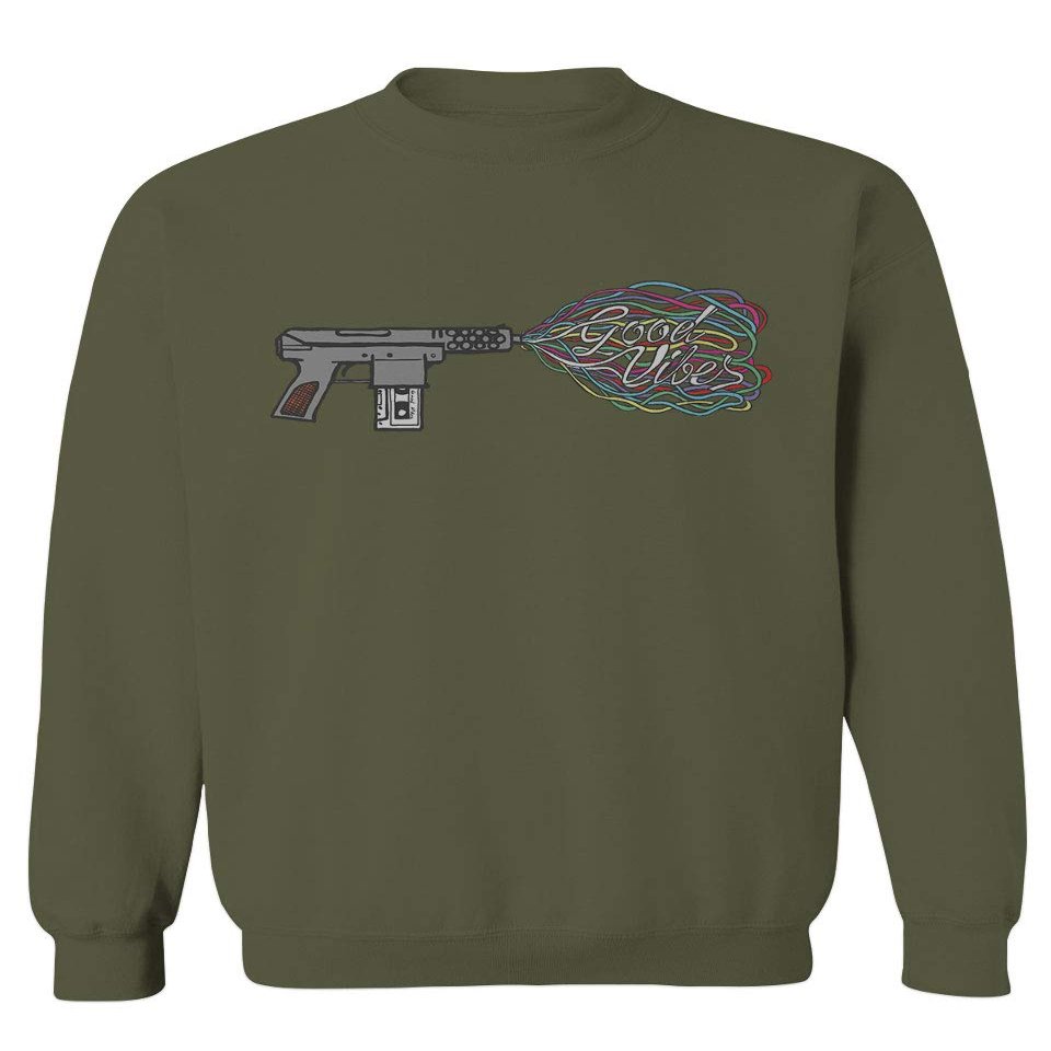 0241. Cool Graphic Retro Musician Good Vibes Cassette Music Lover Streetwear Society Men's Crewneck Sweatshirt (Olive Large)