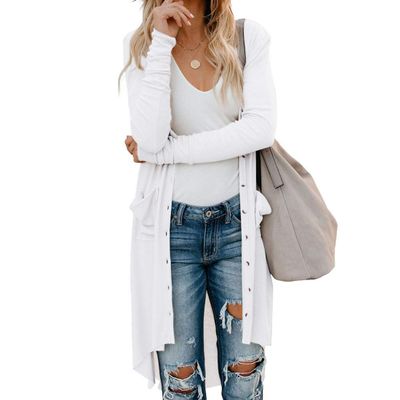 Women Casual Long Cardigan Solid Long Sleeve Button Open Front Knit Sweater Outwear Autumn Spring Clothes Pockets