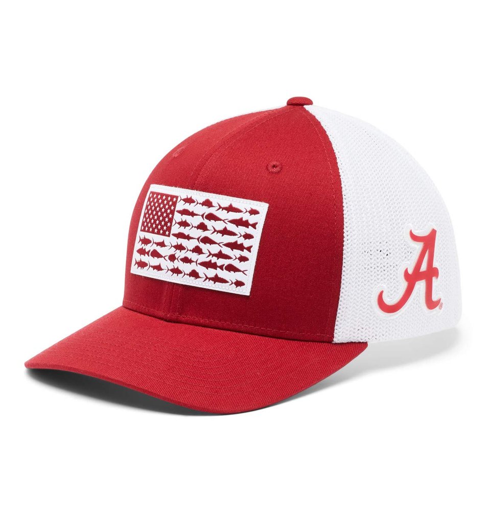 Columbia Unisex Collegiate PFG Mesh Fish Flag Ball Cap, Ala - Red Velvet, L/XL