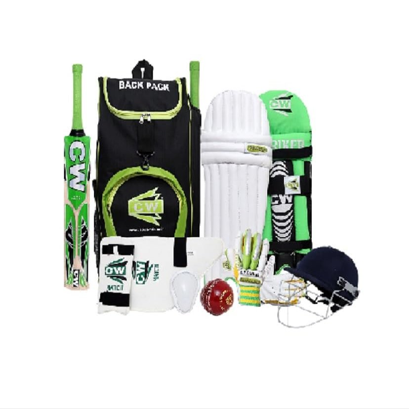 CW Bullet Right Hand Set Protector Batting Cricket Set Match Practice Cricket Kit Youth Size 5 Match Practice Cricket Set Kashmir Bat Leather Ball Thigh Pad Batting Pads Gloves Set for Boys Age 10-11