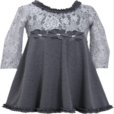 Bonnie Jean Sparkle Lace and Knit Long-Sleeve Party Dress, Silver, 2T