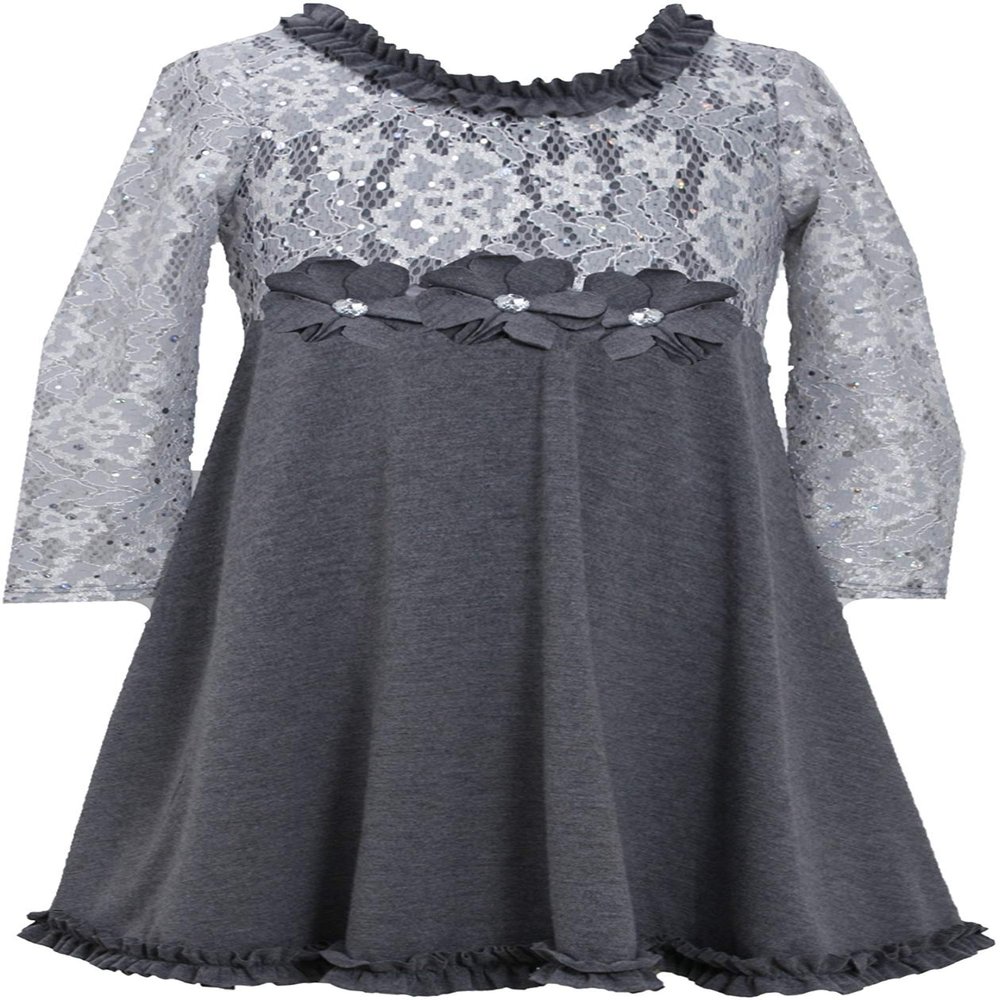 Bonnie Jean Sparkle Lace and Knit Long-Sleeve Party Dress, Silver, 2T