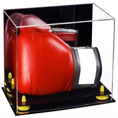 Better Display Cases Clear Acrylic Boxing Glove Display Case with Mirror Case, Yellow Risers and Black Base (V16/A011)