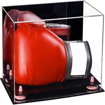 Better Display Cases Clear Acrylic Boxing Glove Display Case with Mirror Case, Pink Risers and Black Base (V16/A011)