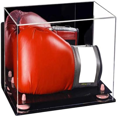 Better Display Cases Clear Acrylic Boxing Glove Display Case with Mirror Case, Pink Risers, Black Base and Wall Mount (V16/A011)