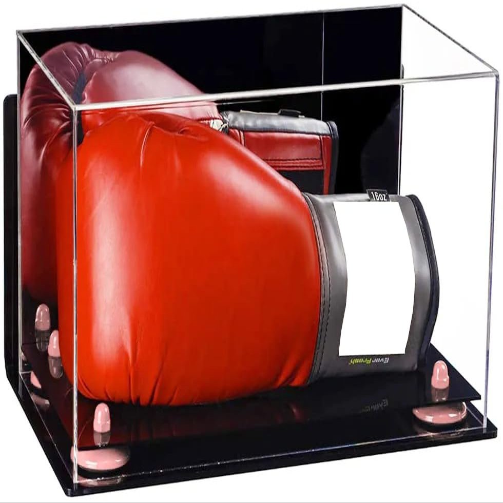 Better Display Cases Clear Acrylic Boxing Glove Display Case with Mirror Case, Pink Risers, Black Base and Wall Mount (V16/A011)