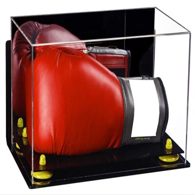 Better Display Cases Clear Acrylic Boxing Glove Display Case with Mirror Case, Yellow Risers, Black Base and Wall Mount (V16/A011)