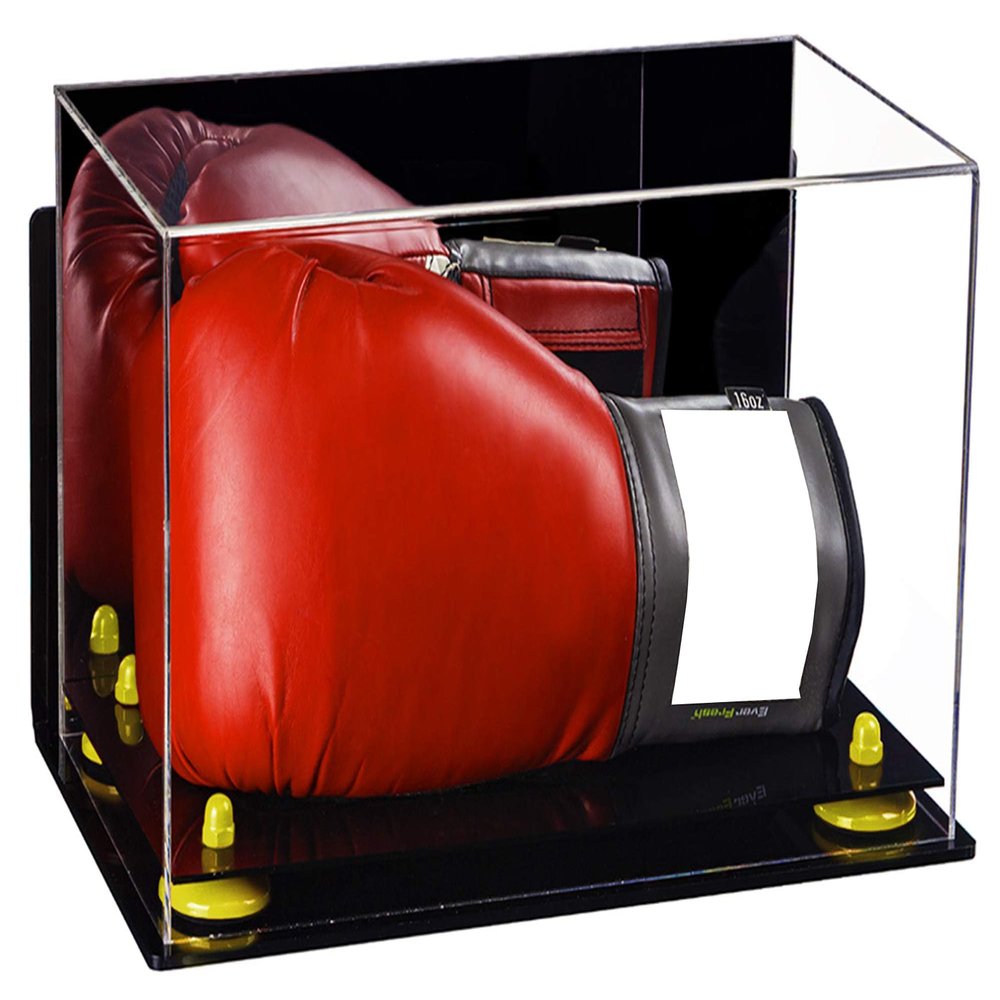 Better Display Cases Clear Acrylic Boxing Glove Display Case with Mirror Case, Yellow Risers, Black Base and Wall Mount (V16/A011)