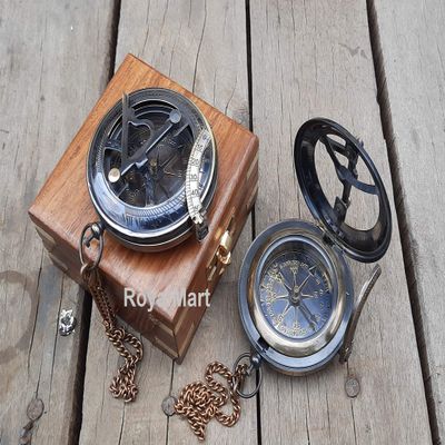 RoyalMart Brass Sundial Compass with Wooden Case and Brass Strip Push Button Open Mechanism Vintage Compass- - Steampunk Accessory (Black Engraved with Wooden Box)