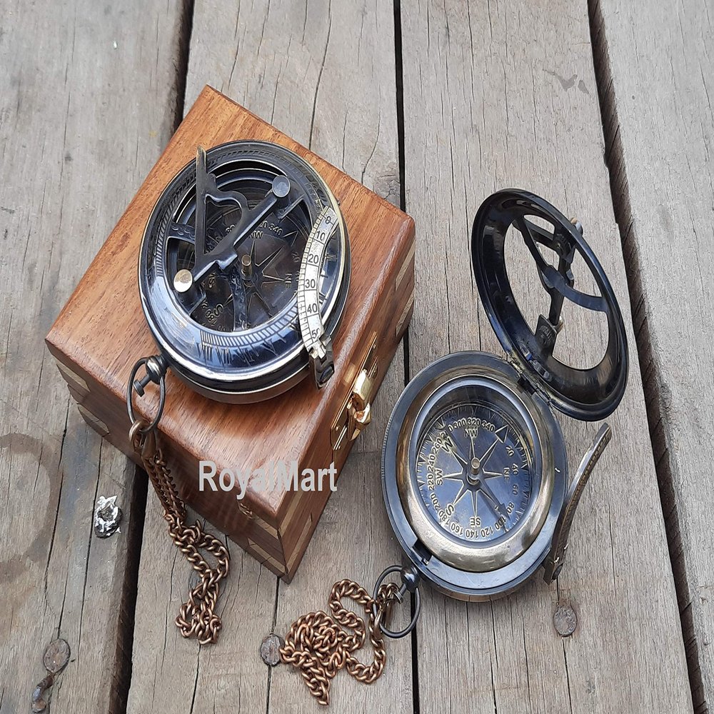 RoyalMart Brass Sundial Compass with Wooden Case and Brass Strip Push Button Open Mechanism Vintage Compass- - Steampunk Accessory (Black Engraved with Wooden Box)