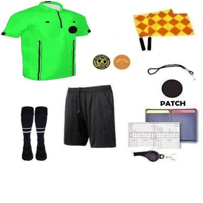 1 Stop Soccer Premium Referee 10 Piece Package Jersey Coin Short Socks Flags Set Whistle Referee Wallet and Cards Velcro (Green, Adult Small)