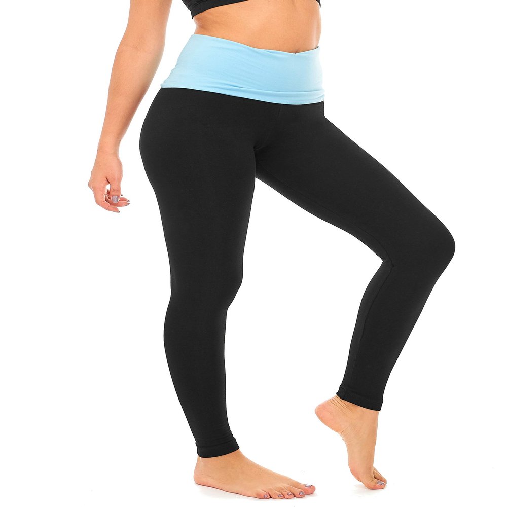 DEAR SPARKLE Fold Over Yoga Pants for Women Cotton Leggings Foldover High Waist Leggings Plus Size (C6 F) (Aqua W, Small)
