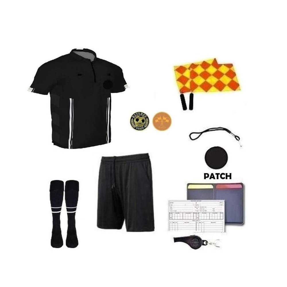 1 Stop Soccer Premium Referee 10 Piece Package Jersey Coin Short Socks Flags Set Whistle Referee Wallet and Cards (Black, Youth Large)