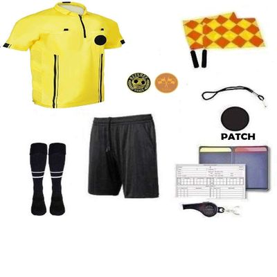1 Stop Soccer Premium Referee 10 Piece Package Jersey Coin Short Socks Flags Set Whistle Referee Wallet and Cards (Yellow, Adult X-Large)