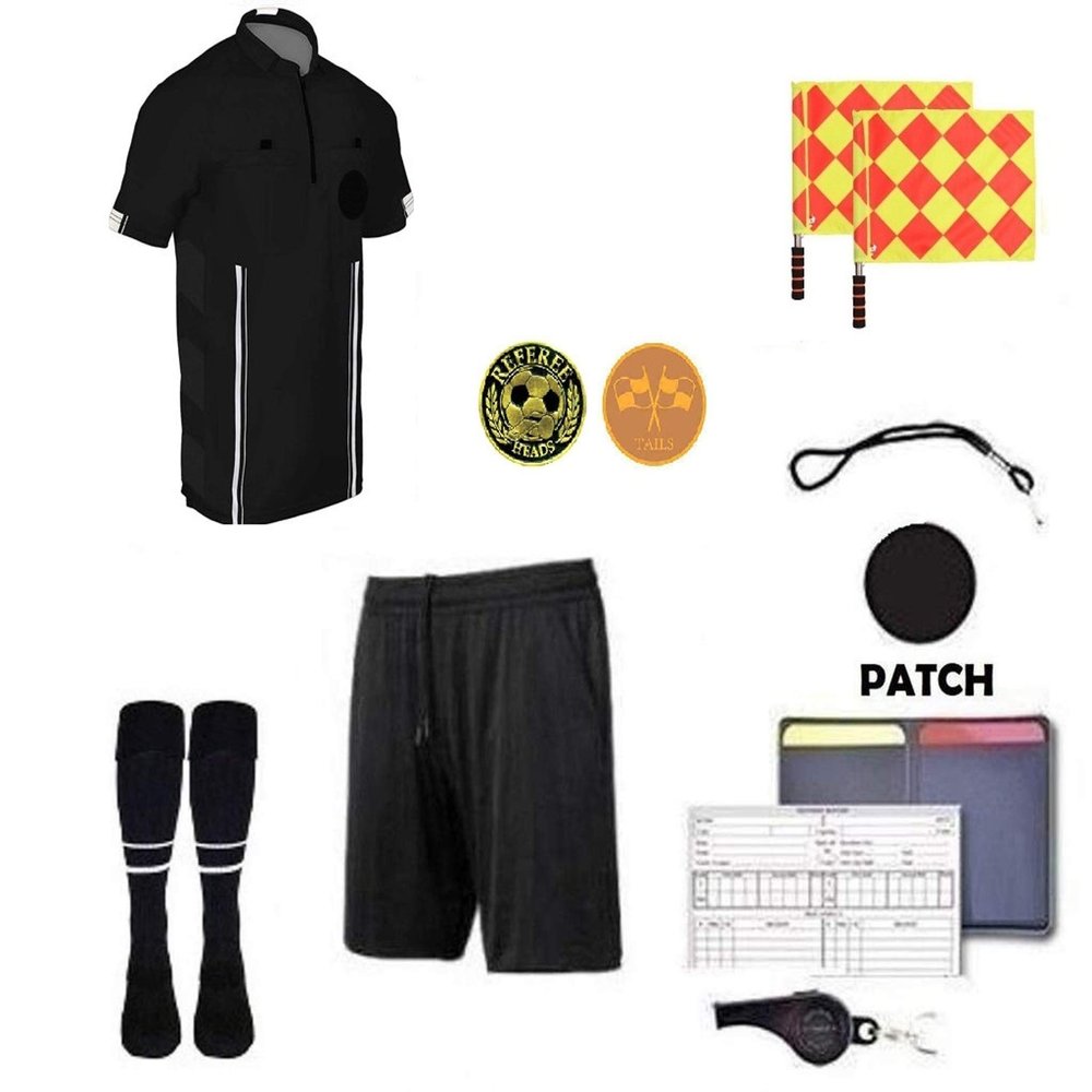1 Stop Soccer Premium Referee 10 Piece Package Jersey Coin Short Socks Flags Set Whistle Referee Wallet and Cards (Black, Adult XX-Large)