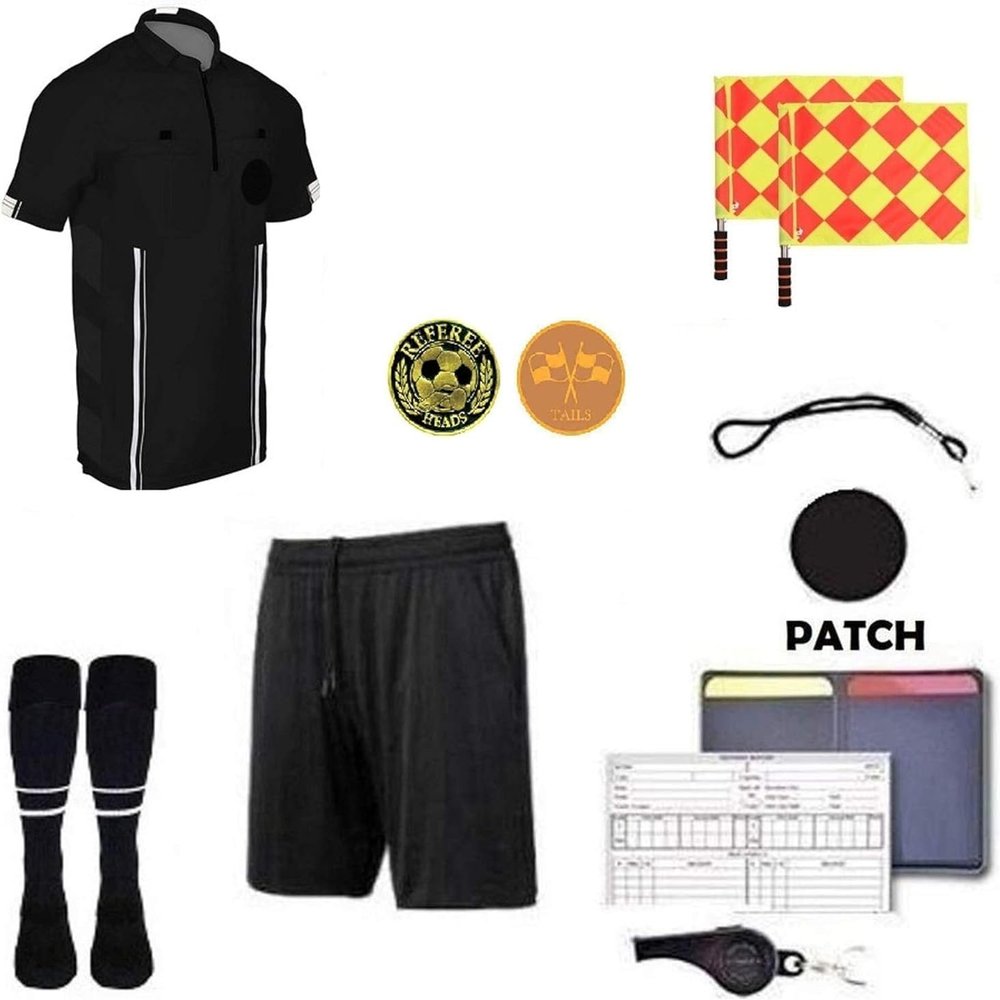 1 Stop Soccer Premium Referee 10 Piece Package Jersey Coin Short Socks Flags Set Whistle Referee Wallet and Cards (Black, Adult Small)