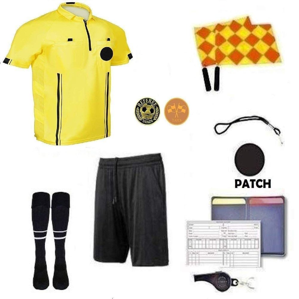 1 Stop Soccer Premium Referee 10 Piece Package Jersey Coin Short Socks Flags Set Whistle Referee Wallet and Cards (Yellow, Adult Small)