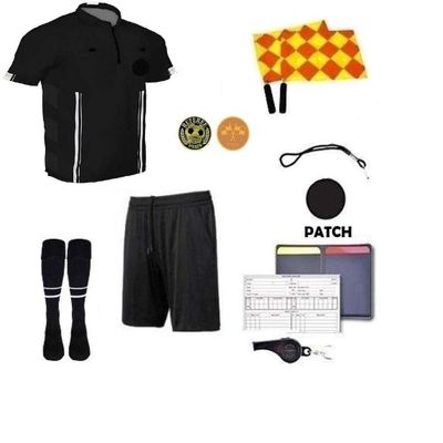 1 Stop Soccer Premium Referee 10 Piece Package Jersey Coin Short Socks Flags Set Whistle Referee Wallet and Cards (Black, Adult Medium)