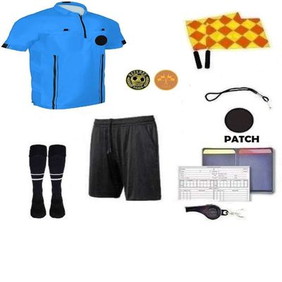 1 Stop Soccer Premium Referee 10 Piece Package Jersey Coin Short Socks Flags Set Whistle Referee Wallet and Cards Velcro (Blue, Adult Small)