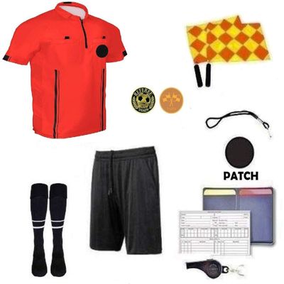 1 Stop Soccer Premium Referee 10 Piece Package Jersey Coin Short Socks Flags Set Whistle Referee Wallet and Cards Velcro (Red, Youth Large)