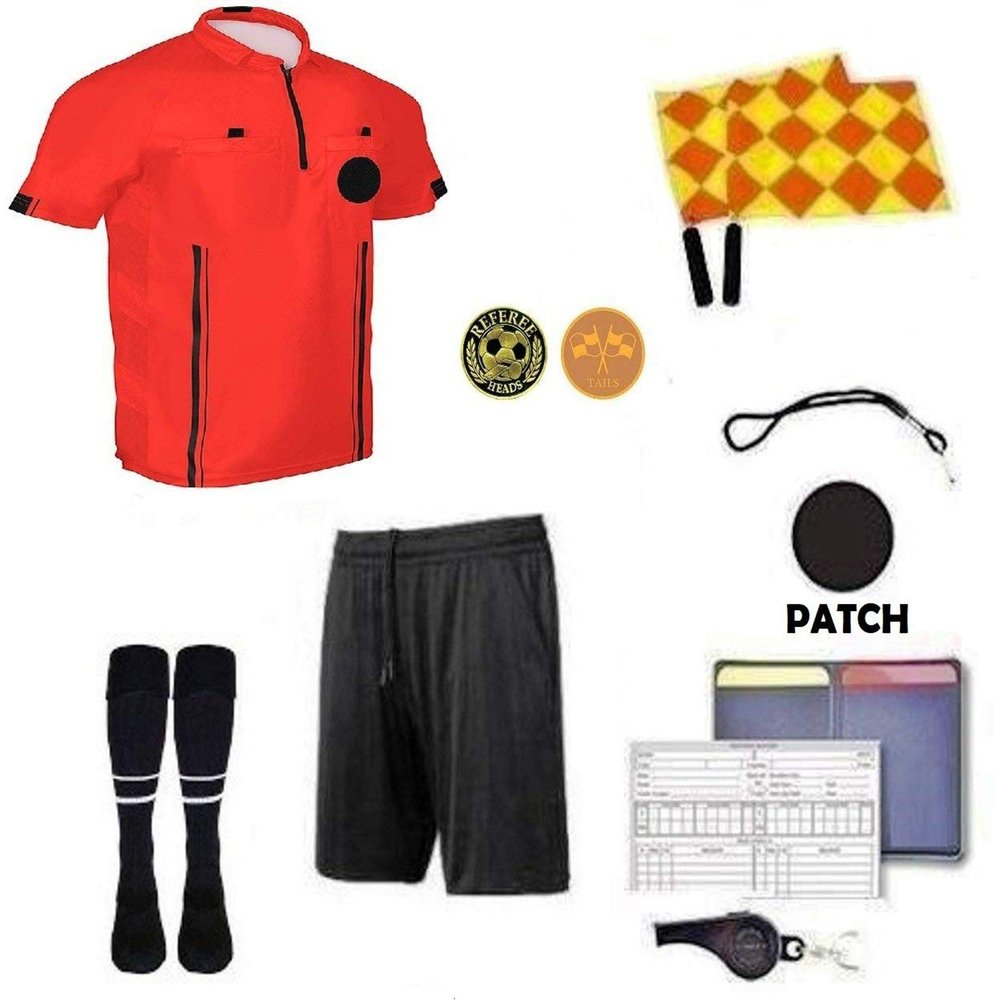 1 Stop Soccer Premium Referee 10 Piece Package Jersey Coin Short Socks Flags Set Whistle Referee Wallet and Cards Velcro (Red, Youth Large)
