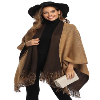 Epsion Women's Color Block Shawl Wrap Plus Size Cardigan Poncho Cape Open Front Long Winter Sweater Coat (Style3-Beige/Coffee, Free)