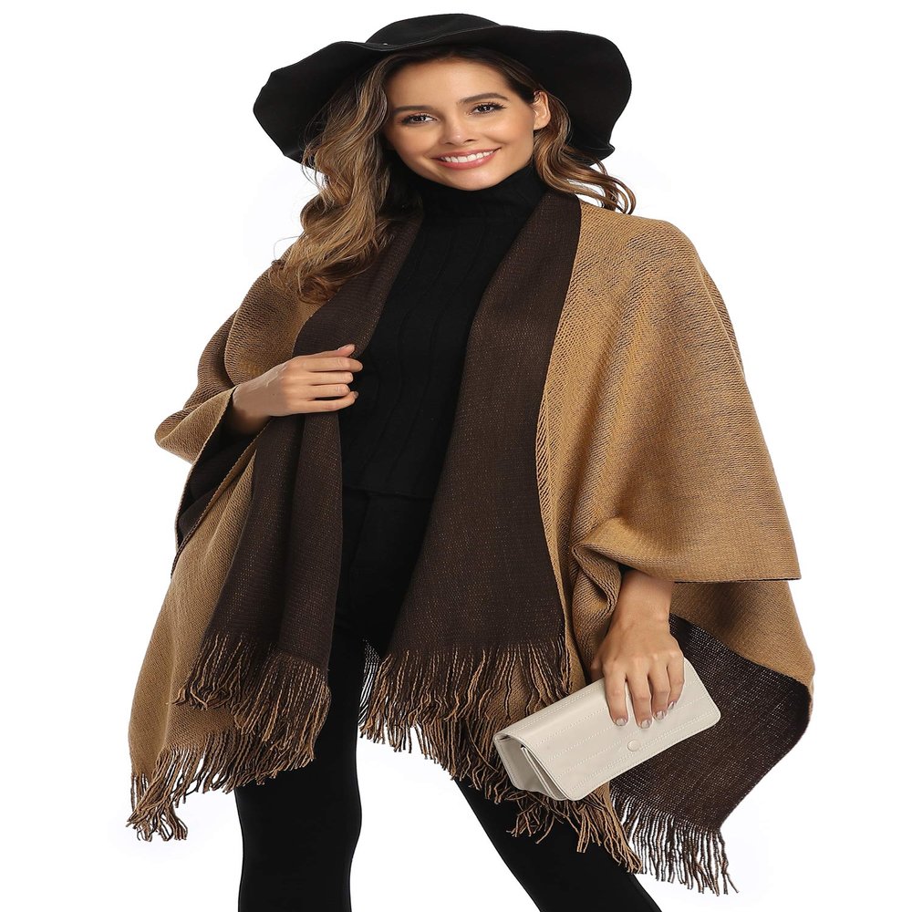 Epsion Women's Color Block Shawl Wrap Plus Size Cardigan Poncho Cape Open Front Long Winter Sweater Coat (Style3-Beige/Coffee, Free)