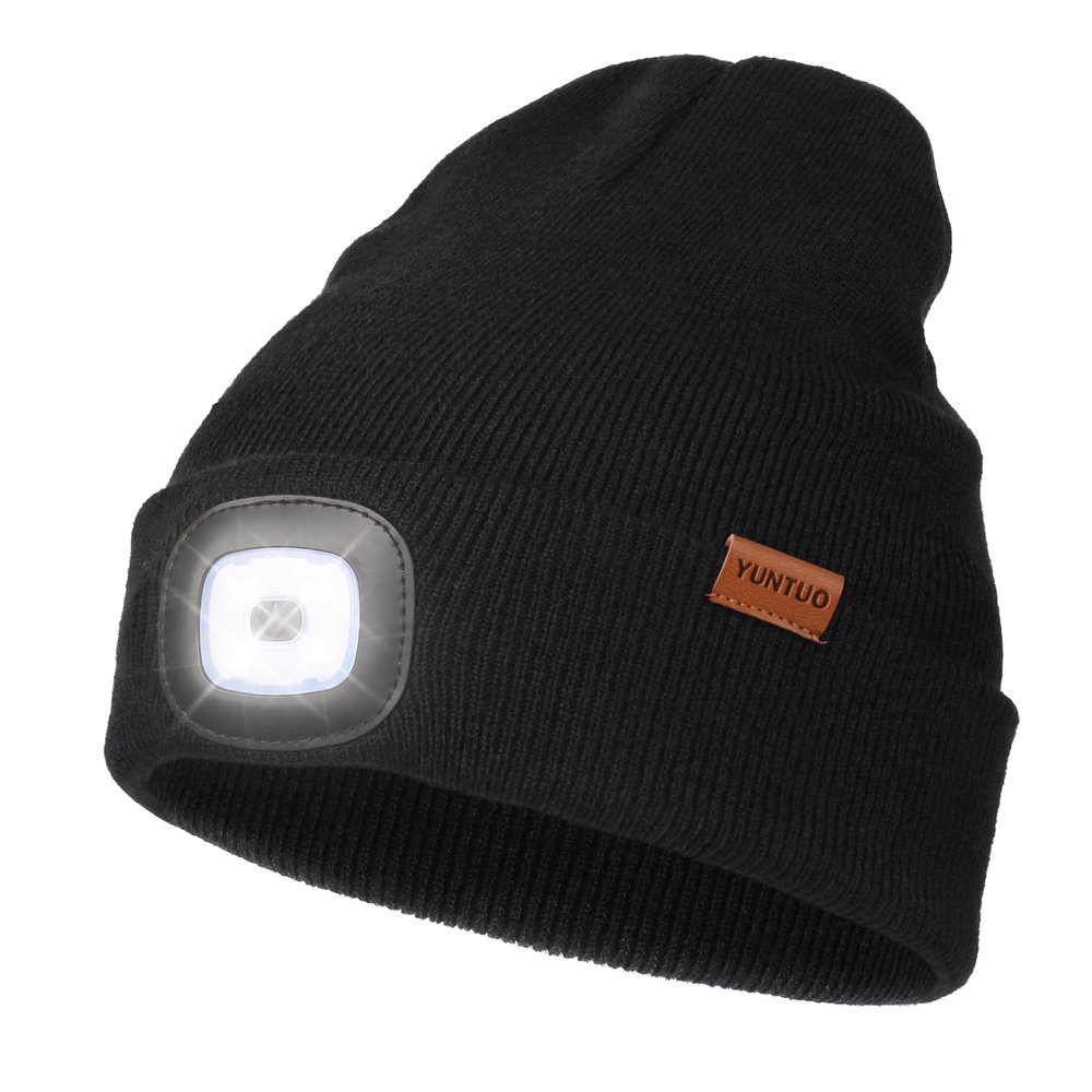 YunTuo Rechargeable LED Beanie with 4 Lights - Unisex Winter Knit Cap with USB Flashlight for Men and Women (Black)