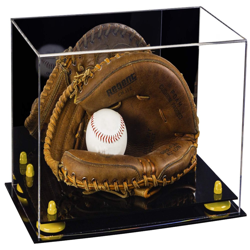Better Display Cases Acrylic Baseball Catchers Glove Display Case with Mirror and Yellow Risers (A011/V16)