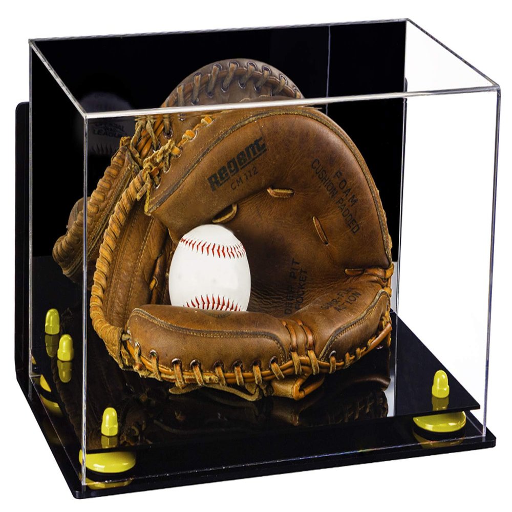 Better Display Cases Acrylic Baseball Catchers Glove Display Case with Mirror, Wall Mount and Yellow Risers (A011/V16)