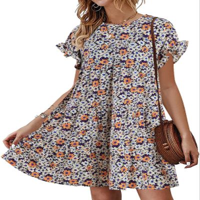 Chuanqi Womens Ruffles Boho Floral Printed Babydoll Loose Swing Casual Short Mini T-Shirt Dress Orange