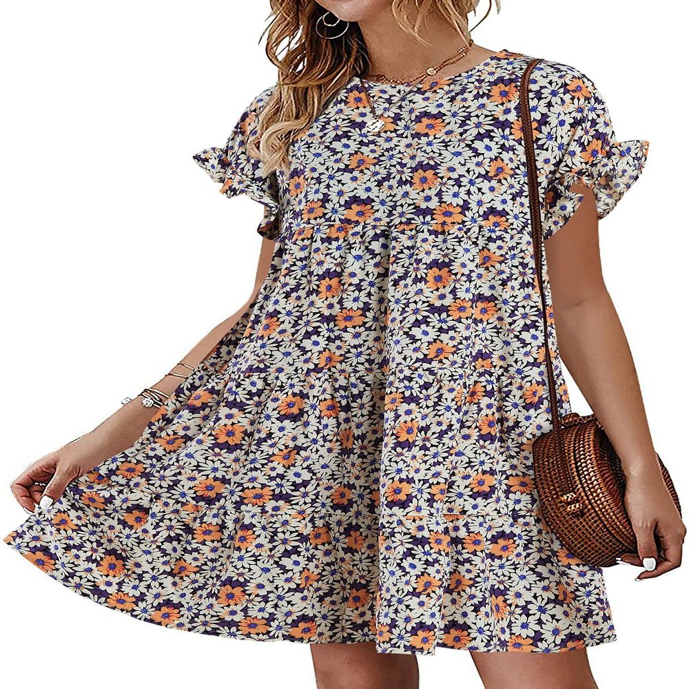 Chuanqi Womens Ruffles Boho Floral Printed Babydoll Loose Swing Casual Short Mini T-Shirt Dress Orange