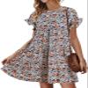 Chuanqi Womens Ruffles Boho Floral Printed Babydoll Loose Swing Casual Short Mini T-Shirt Dress Orange view 1