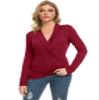 Afibi Womens Slim Fitted Deep V Neck Cross Wrap Top Long Sleeve T-Shirts (XX-Large, Burgundy) view 2