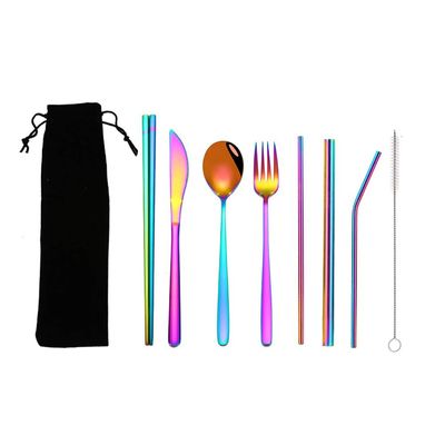 Sevend Reusable Flatware Set, 9 Pieces Office Lunch Utensils, Portable Camping Flatware Stainless Set with Straw, Knife, Fork, Spoon, Chopsticks (9-Pieces Color)