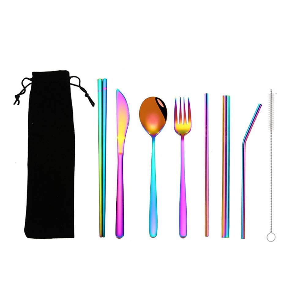 Sevend Reusable Flatware Set, 9 Pieces Office Lunch Utensils, Portable Camping Flatware Stainless Set with Straw, Knife, Fork, Spoon, Chopsticks (9-Pieces Color)