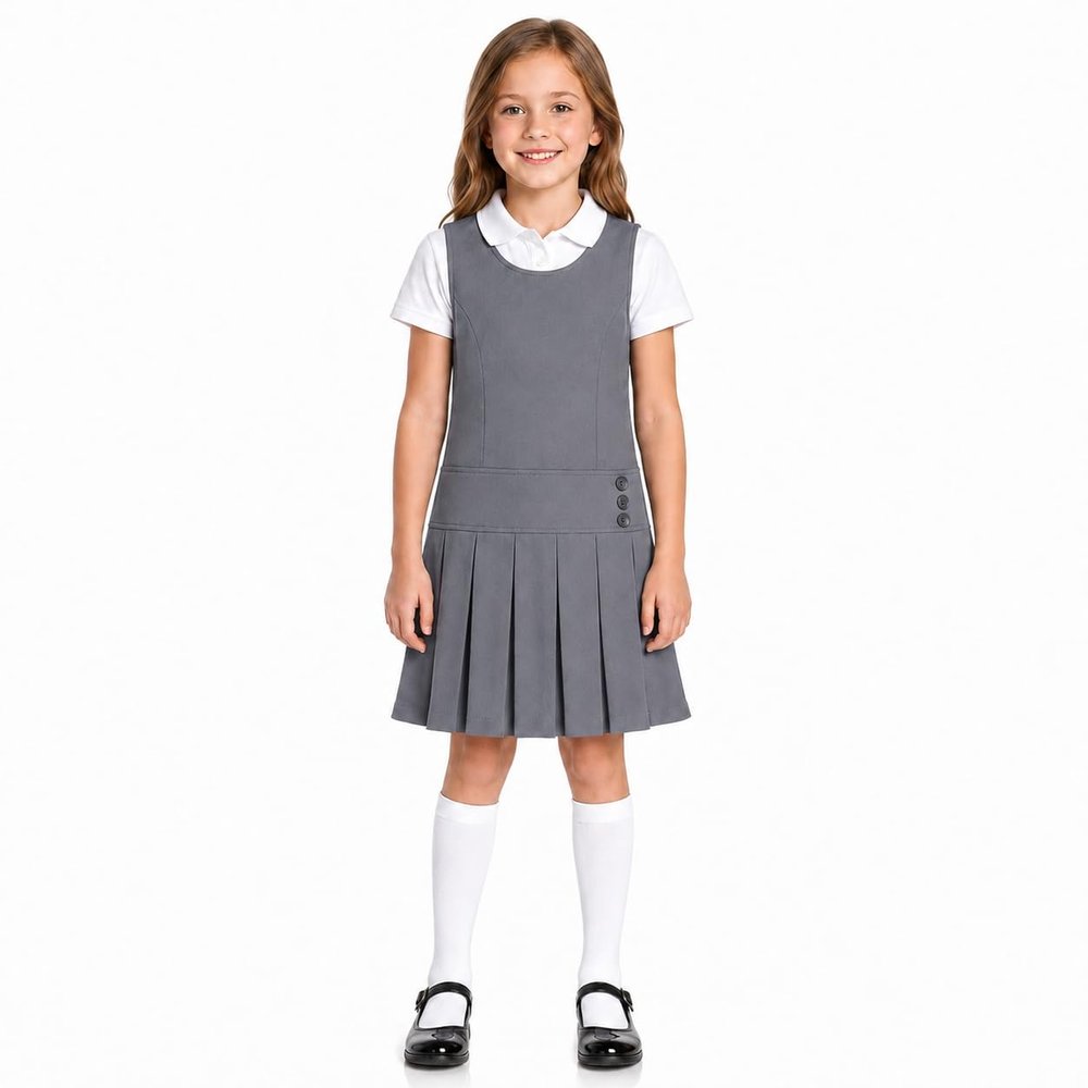 Bienzoe Girls School Uniform Jumper: Sleeveless Pleated Dress Grey 10
