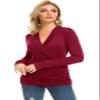 Afibi Womens Slim Fitted Deep V Neck Cross Wrap Top Long Sleeve T-Shirts (Medium, Burgundy) view 3