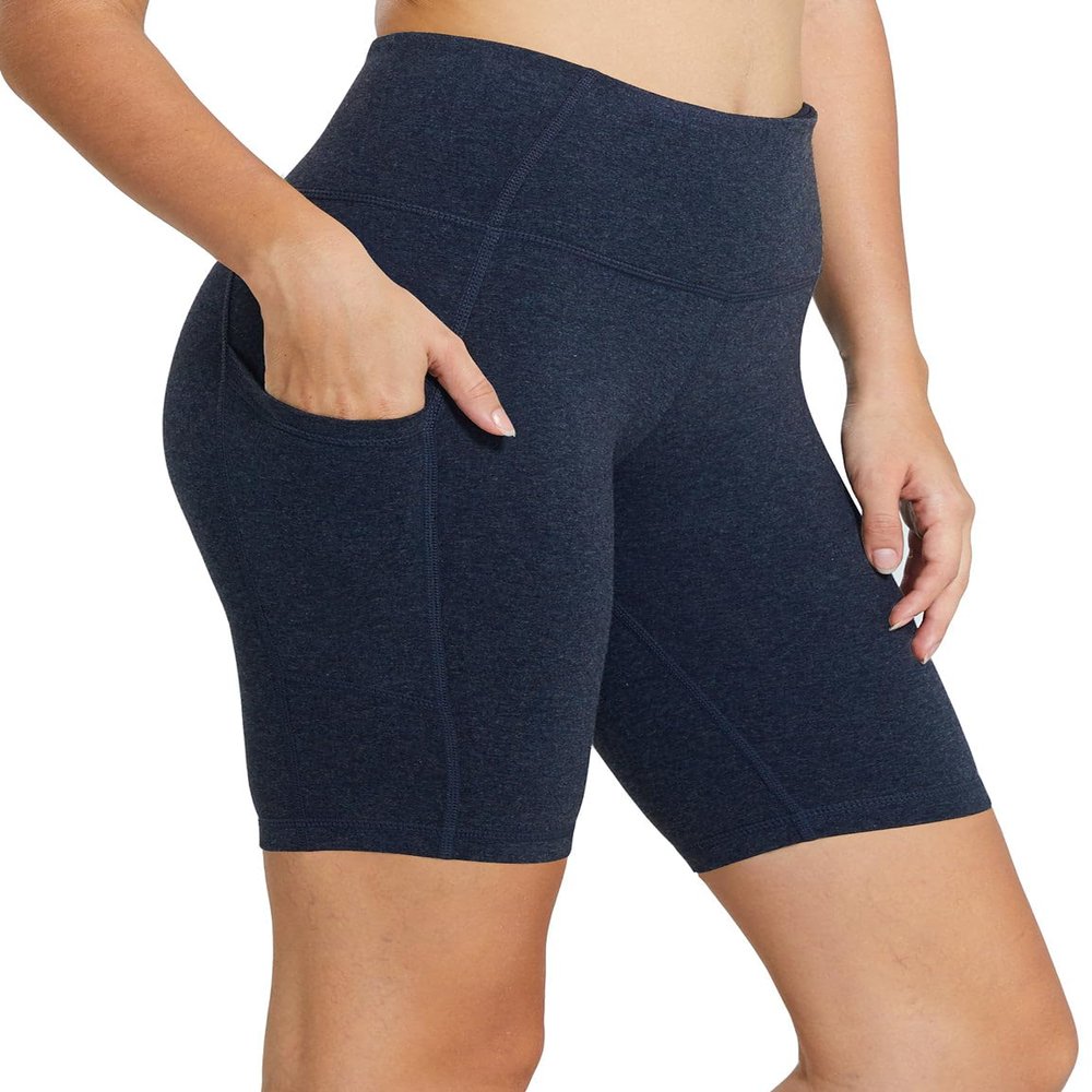 baleaf Biker Shorts Women Yoga Gym Workout Spandex Running Volleyball Tummy Control Compression with Pockets 8" Heather Blue L
