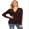 Afibi Womens Slim Fitted Deep V Neck Cross Wrap Top Long Sleeve T-Shirts (Medium, Brown) view 2