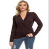 Afibi Womens Slim Fitted Deep V Neck Cross Wrap Top Long Sleeve T-Shirts (Medium, Brown) view 4