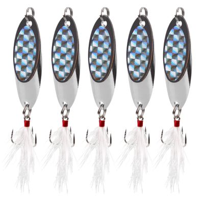 OROOTL Fishing Spoons Lures, 5pcs Metal Spoon Fishing Lures with Feathered Treble Hooks 3/16oz-2oz Jigging Spoons Bait for Bass Trout Pike Walleye Saltwater Freshwater